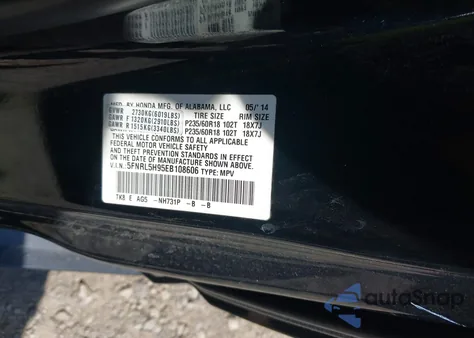 2014 Honda Odyssey Touring/Touring Elite z USA, uszkodzony, nr VIN 5FNRL5H95EB108606